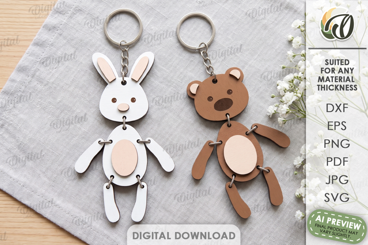 Bunny and Bear Keychains Laser Cut. Animals Key Ring SVG