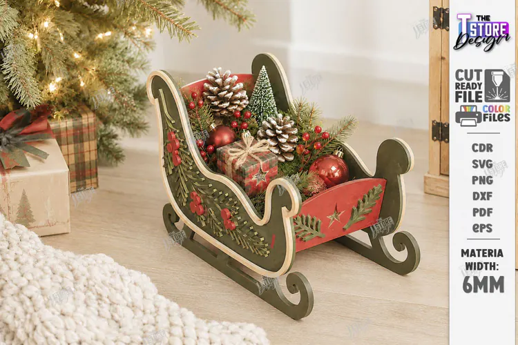 3D Christmas Sleigh Laser Cut | Wooden Santa Sleigh Laser