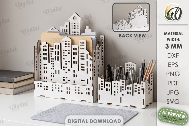 City Organizer Laser Cut. Desk Organizer. Pencil Holder SVG