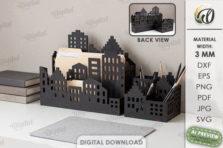 City Organizer Laser Cut. Desk Organizer. Pencil Holder SVG example image 1