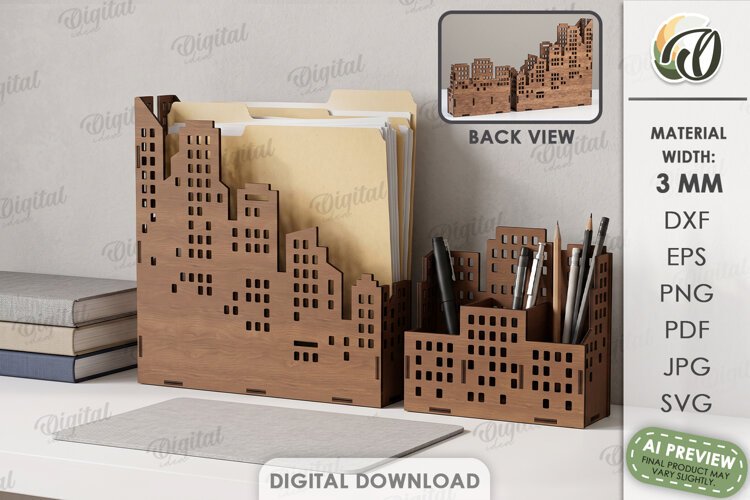 City Organizer Laser Cut. Desk Organizer. Pencil Holder SVG example image 1