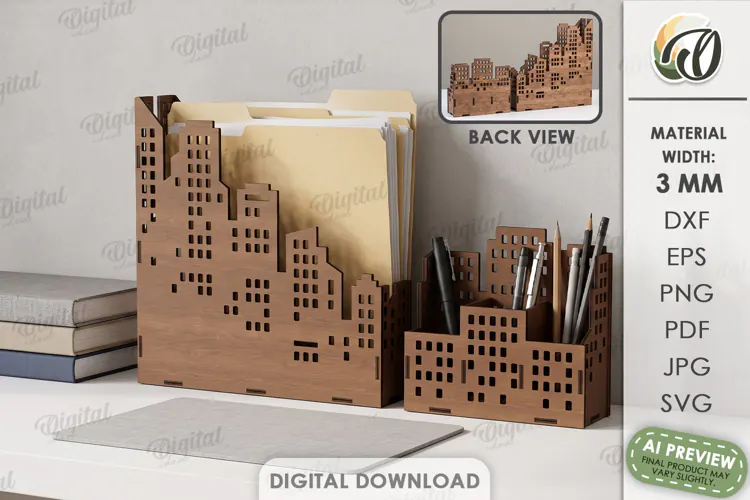 City Organizer Laser Cut. Desk Organizer. Pencil Holder SVG