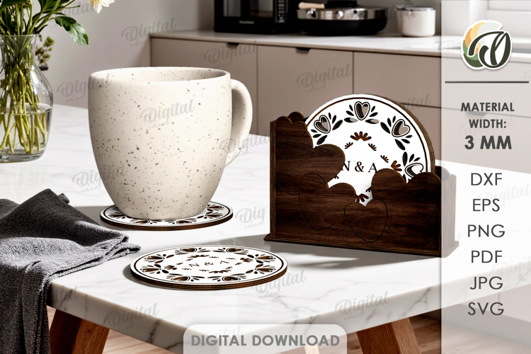 Kitchen Coaster Laser Cut. Drink Coaster With Holder SVG