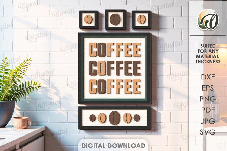 3D Coffee Sign Laser Cut. Kitchen Wall Decor SVG