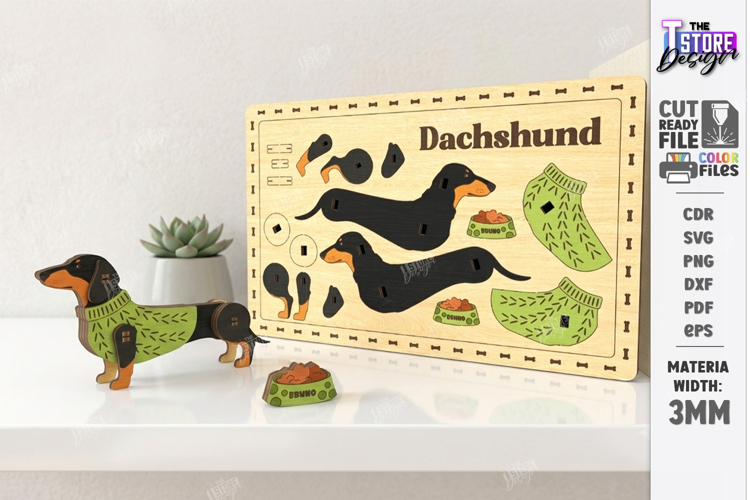 Dog Breed Card Puzzle Laser Cut | 3D Puzzle | Dachshund SVG