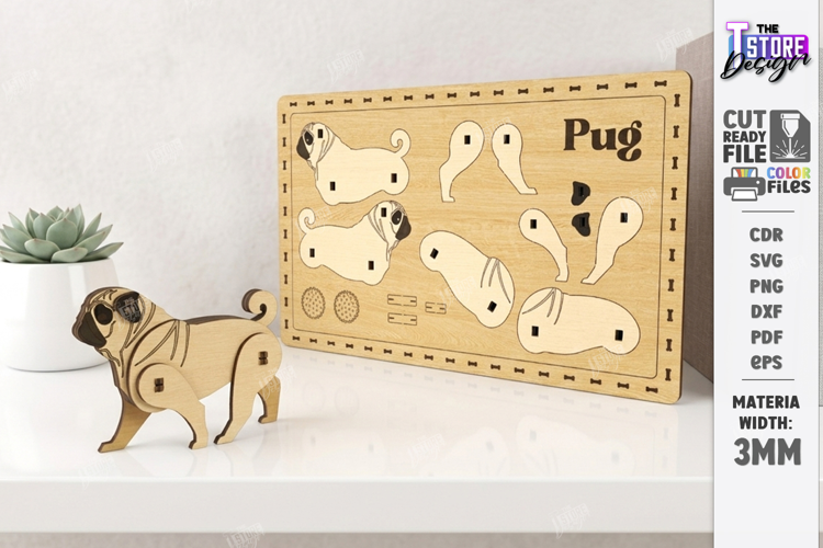 Dog Breed Card Puzzle Laser Cut | 3D Puzzle | Pug SVG | CNC