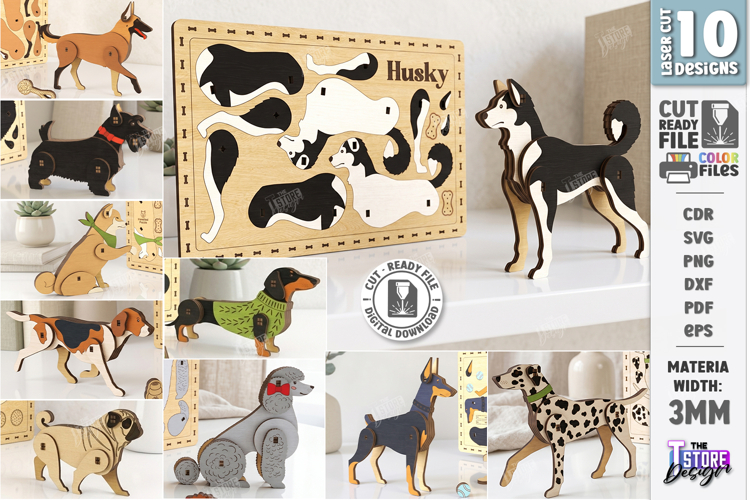 Wooden Dog Breed Card Puzzles Laser Cut Bundle | 3D Puzzle