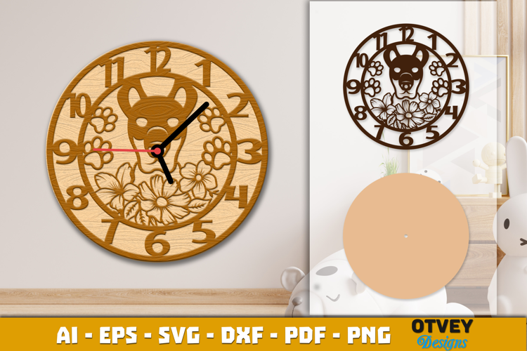 Wooden Dog with Flowers Wall Clock Lasercut