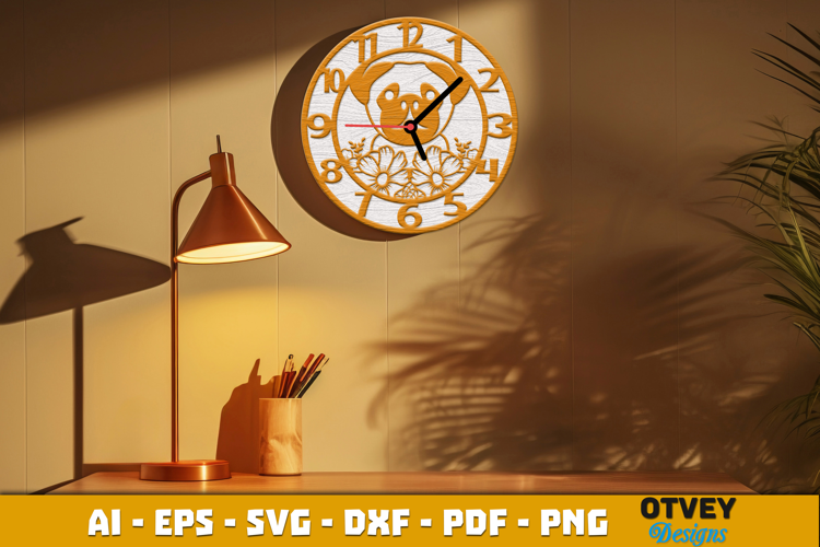Wooden Dog with Flowers Wall Clock Lasercut