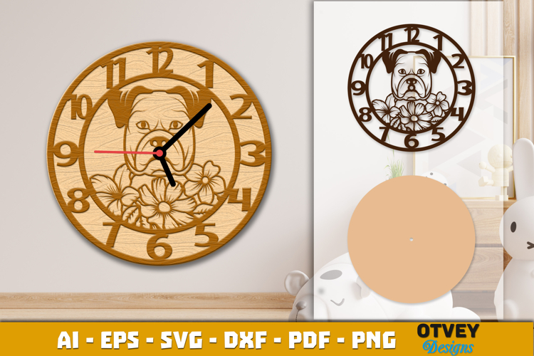 Wooden Dog with Flowers Wall Clock Lasercut
