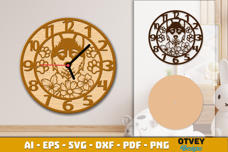 Wooden Dog with Flowers Wall Clock Lasercut