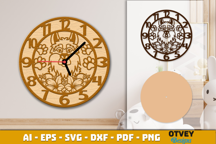 Wooden Dog with Flowers Wall Clock Lasercut