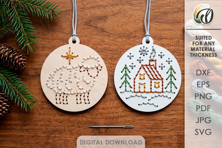 Christmas Embroidery Ornaments Laser Cut. Stitch Pattern SVG