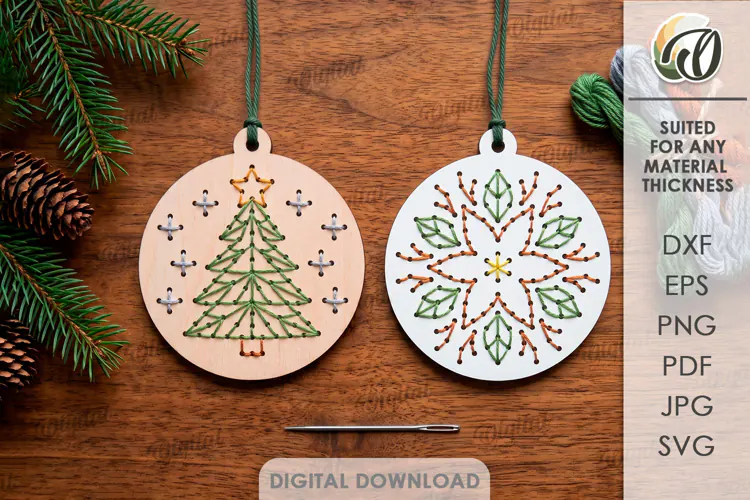 Christmas Embroidery Ornaments Laser Cut. Stitch Pattern SVG
