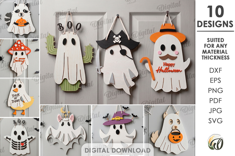 3D Ghosts Door Hangers Bundle Laser Cut. Halloween Decor SVG
