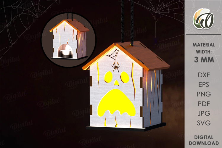 Wooden Halloween House Candle Holder Lasercut. Halloween SVG