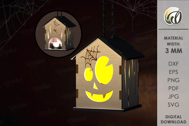 Wooden Halloween House Candle Holder Lasercut. Halloween SVG