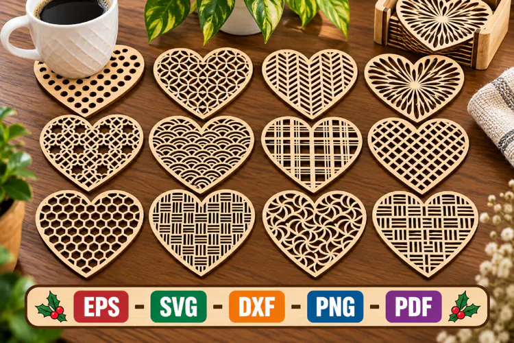 Wooden Heart Coaster SVG Collection, Laser Cut File