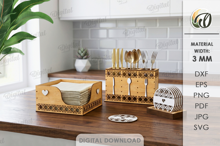 3D Kitchen organizer Laser cut. Napkin holder SVG. Coasters