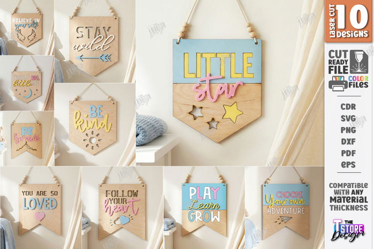 Nursery Wall Banner Laser Cut Bundle | Wooden Kids Room Sign