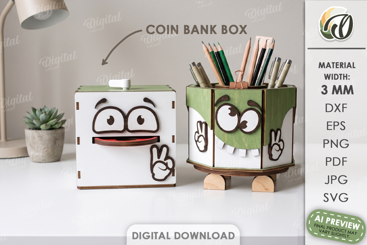 3D Desk Organizer Lasercut. Pencil Holder. Coin Bank Box SVG