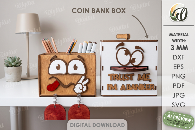 3D Desk Organizer Lasercut. Pencil Holder. Coin Bank Box SVG