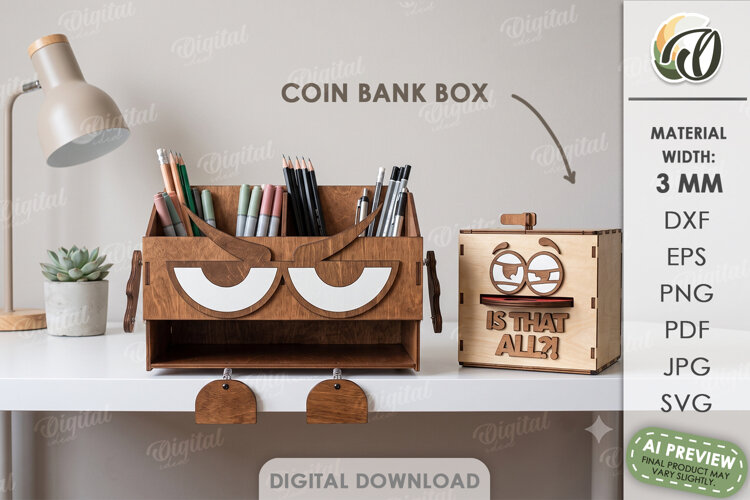 3D Desk Organizer Lasercut. Pencil Holder. Coin Bank Box SVG example image 1