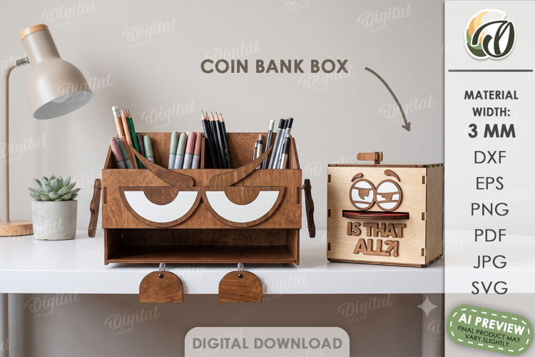 3D Desk Organizer Lasercut. Pencil Holder. Coin Bank Box SVG