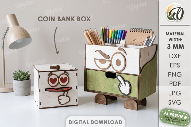 3D Desk Organizer Lasercut. Pencil Holder. Coin Bank Box SVG