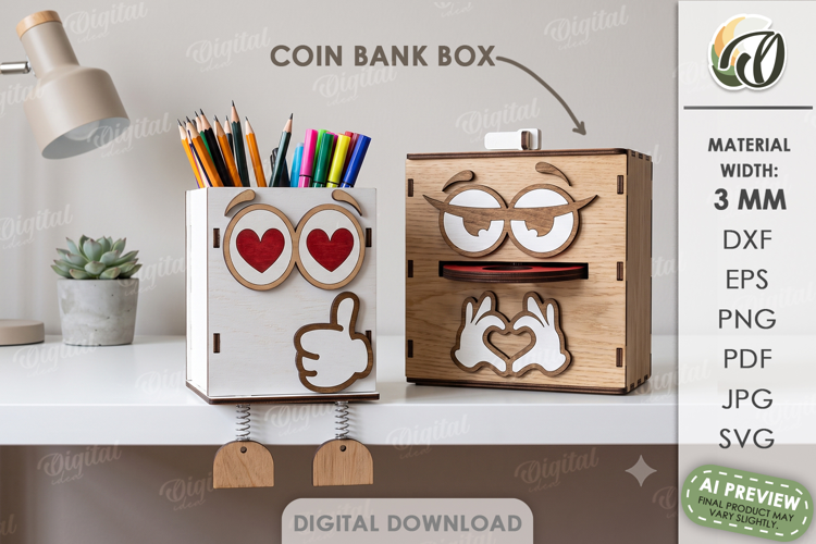 3D Desk Organizer Lasercut. Pencil Holder. Coin Bank Box SVG