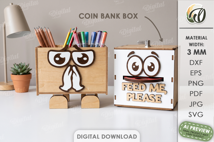 3D Desk Organizer Lasercut. Pencil Holder. Coin Bank Box SVG