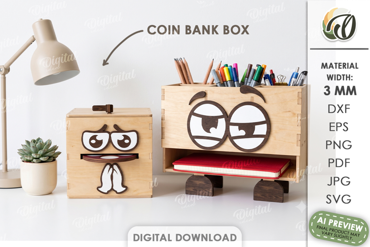 3D Desk Organizer Lasercut. Pencil Holder. Coin Bank Box SVG