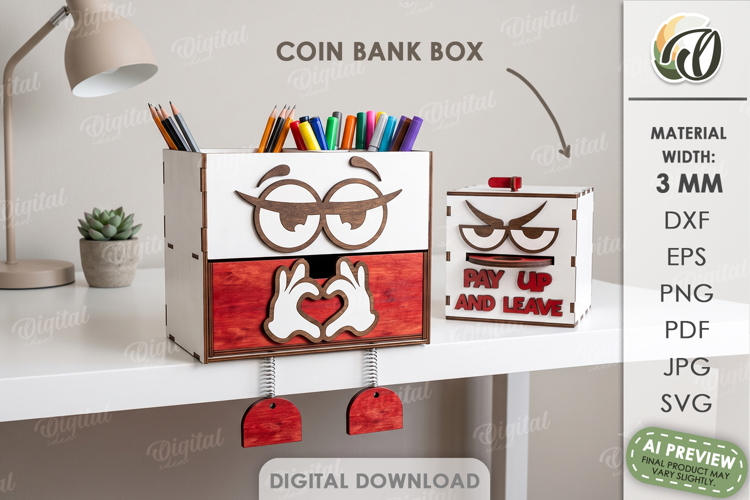 3D Desk Organizer Lasercut. Pencil Holder. Coin Bank Box SVG