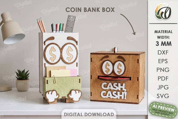 3D Desk Organizer Lasercut. Pencil Holder. Coin Bank Box SVG