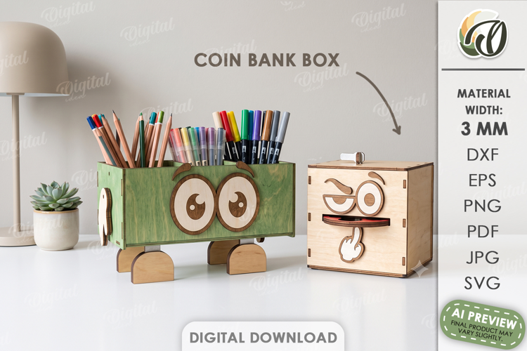 3D Desk Organizer Lasercut. Pencil Holder. Coin Bank Box SVG