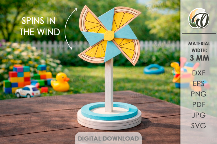 3D Lemon Pinwheel Laser Cut. Garden decor SVG. Wind spinner