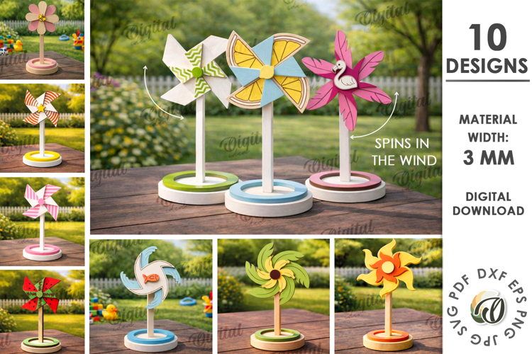 3D Pinwheels Bundle LaserCut. Garden decor SVG. Wind spinner