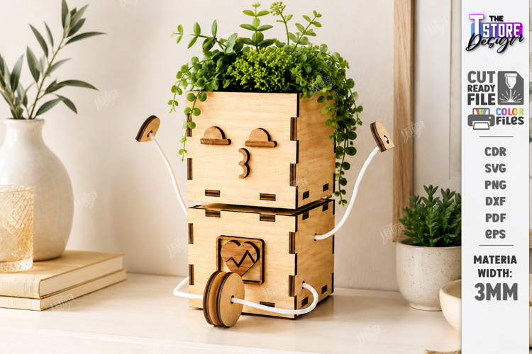 Wooden Planter Dolls Laser Cut | Robot Planter | Cute Plant