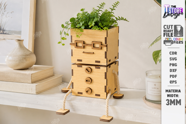 Wooden Planter Dolls Laser Cut | Robot Planter | Cute Plant