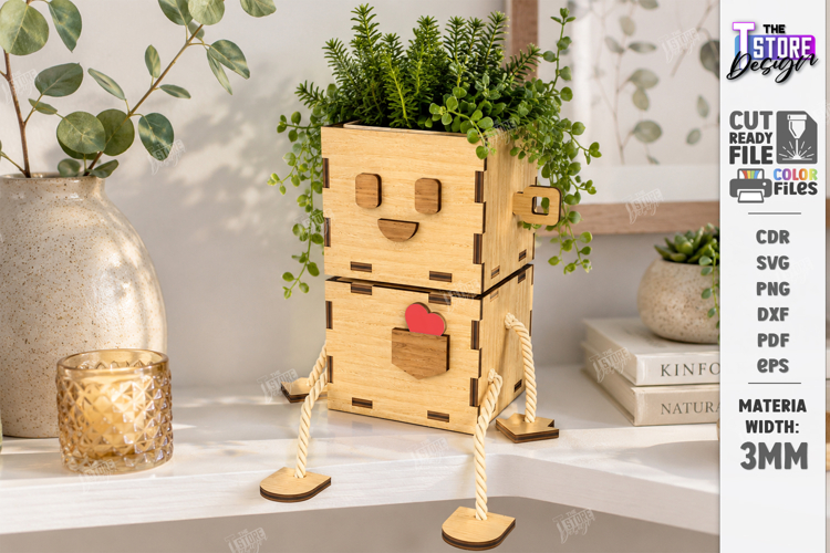 Wooden Planter Dolls Laser Cut | Robot Planter | Cute Plant