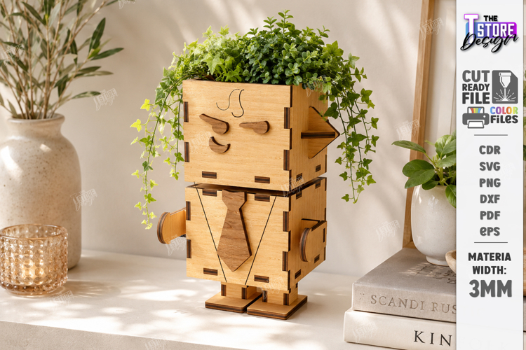 Wooden Planter Dolls Laser Cut | Robot Planter | Cute Plant