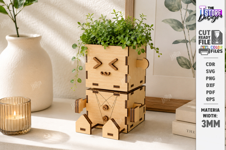 Wooden Planter Dolls Laser Cut | Robot Planter | Cute Plant