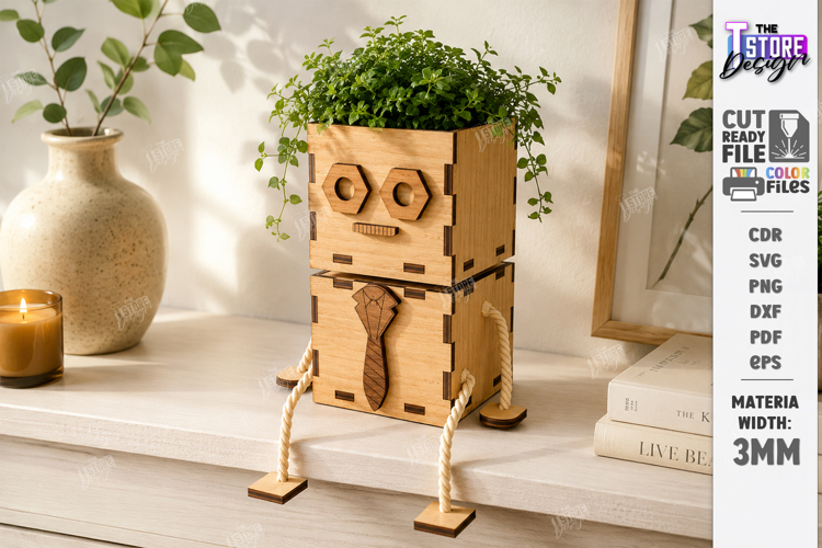Wooden Planter Dolls Laser Cut | Robot Planter | Cute Plant