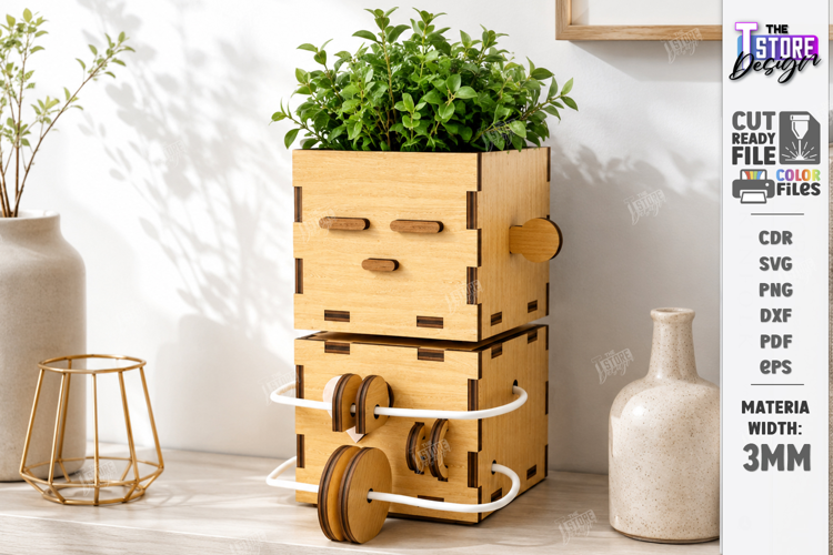 Wooden Planter Dolls Laser Cut | Robot Planter | Cute Plant