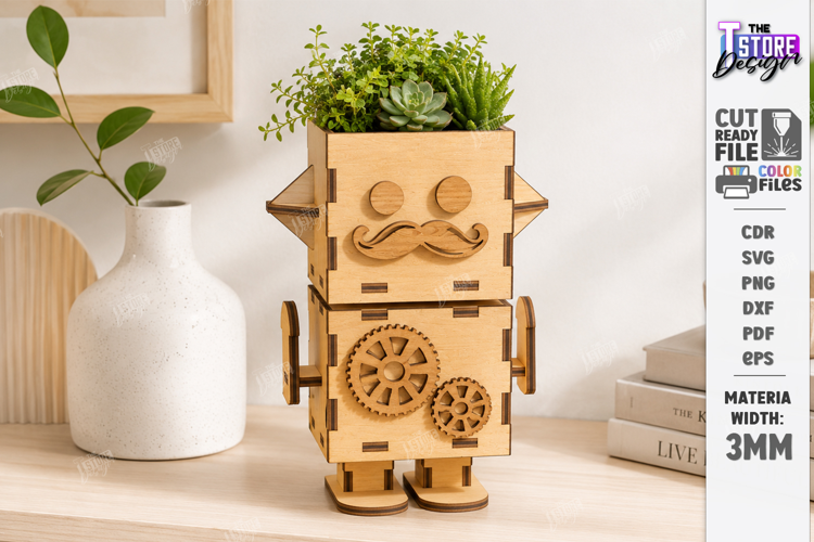Wooden Planter Dolls Laser Cut | Robot Planter | Cute Plant