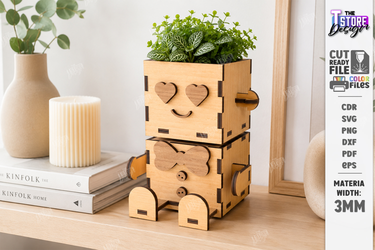 Wooden Planter Dolls Laser Cut | Robot Planter | Cute Plant