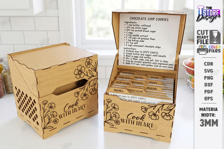 Recipe Box Laser Cut | Box with Recipe Cards | Kitchen Decor