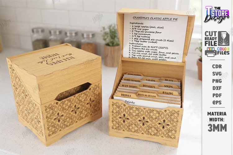 Recipe Box Laser Cut | Box with Recipe Cards | Kitchen Decor