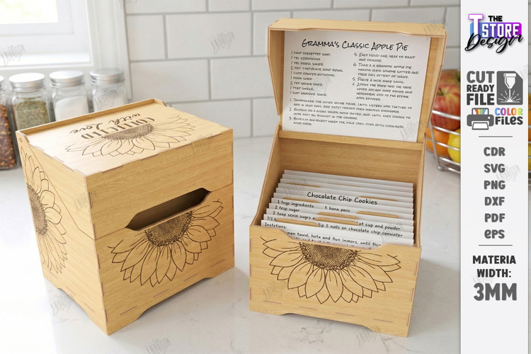Recipe Box Laser Cut | Box with Recipe Cards | Kitchen Decor
