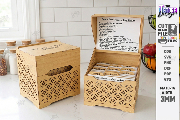 Recipe Box Laser Cut | Box with Recipe Cards | Kitchen Decor example image 1